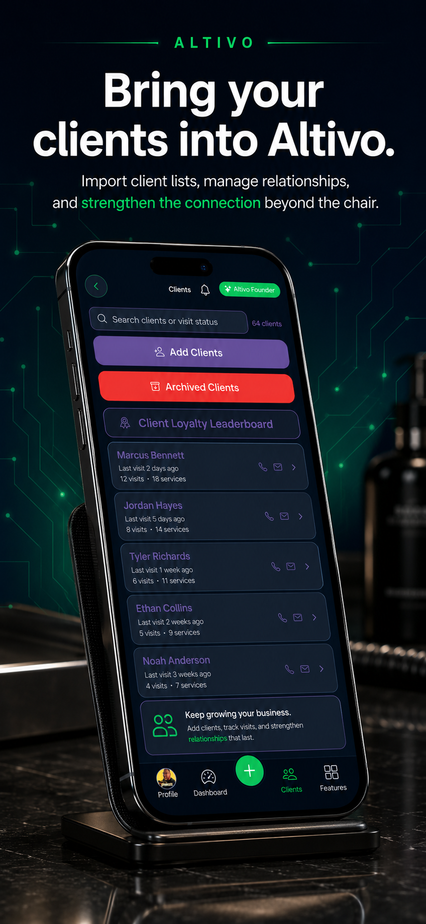 Altivo Clients screen on a phone, showing client lists, visit history, and relationship tools.