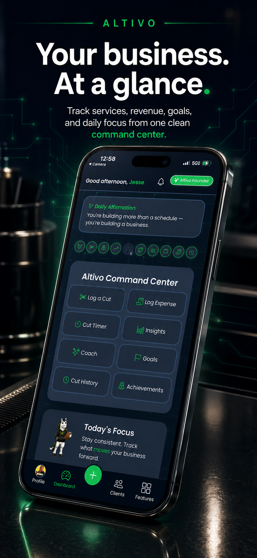 Altivo dashboard on a phone, showing the command center for tracking services, revenue, goals, and daily focus.